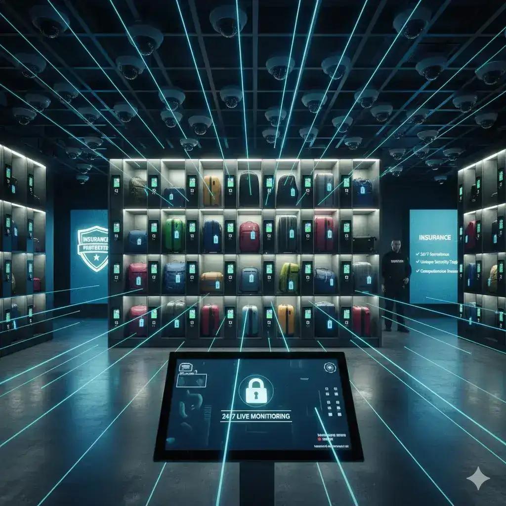 Security guard monitoring 24/7 surveillance CCTV cameras at Lisbon luggage storage.