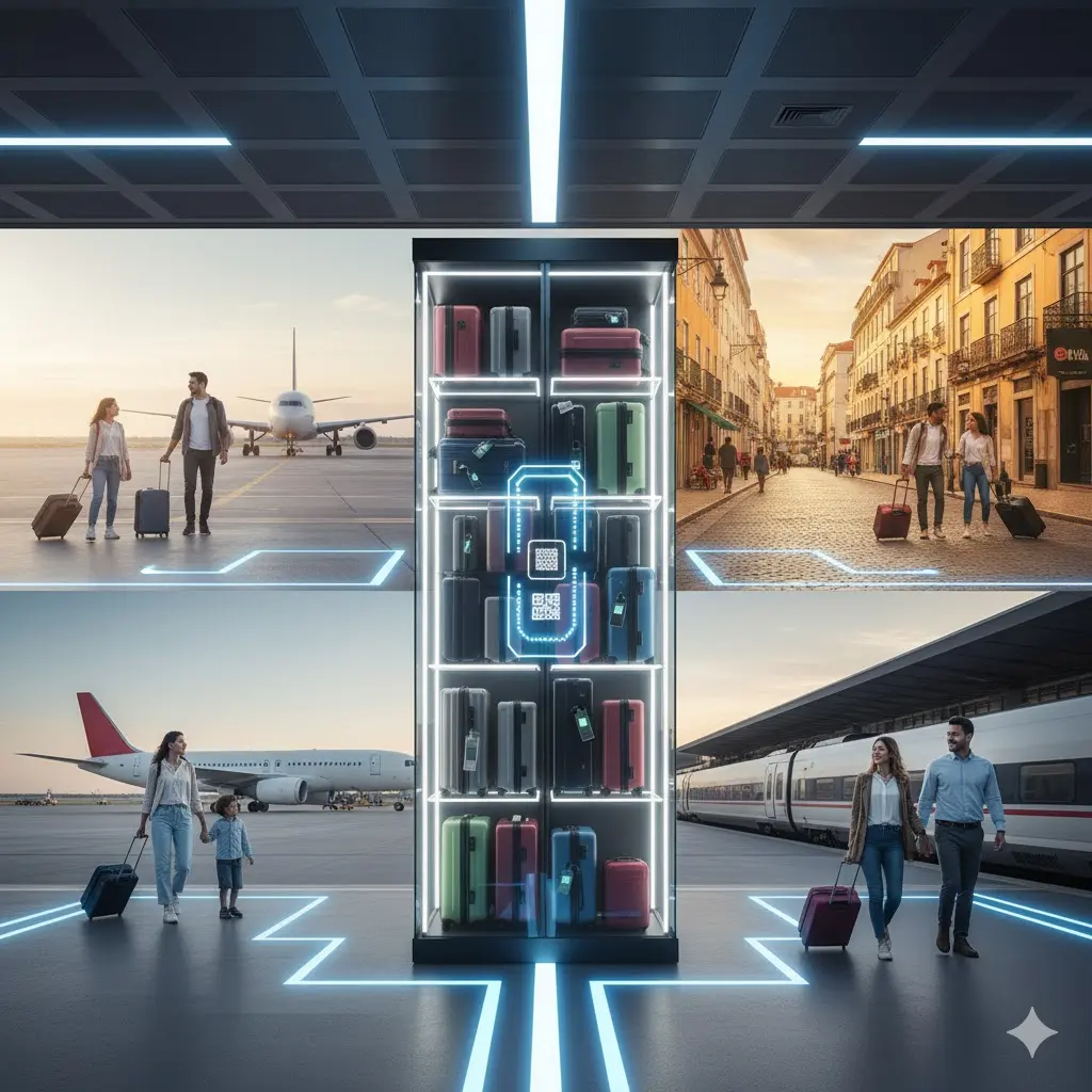 Friendly staff at secure luggage storage counter near Lisbon Airport (LIS) entrance.